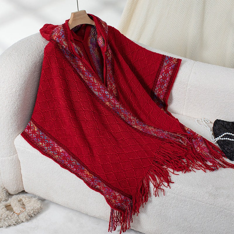 Vendela | Women's Fringe Elegant Poncho in Red