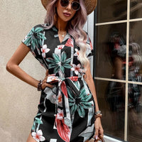 Venetia | Women's Tie Belt Short Sleeve Belted Floral Casual Dress in Black