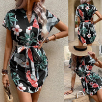 Venetia | Women's Tie Belt Short Sleeve Belted Floral Casual Dress in Black
