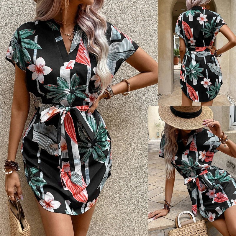 Venetia | Women's Tie Belt Short Sleeve Belted Floral Casual Dress in Black