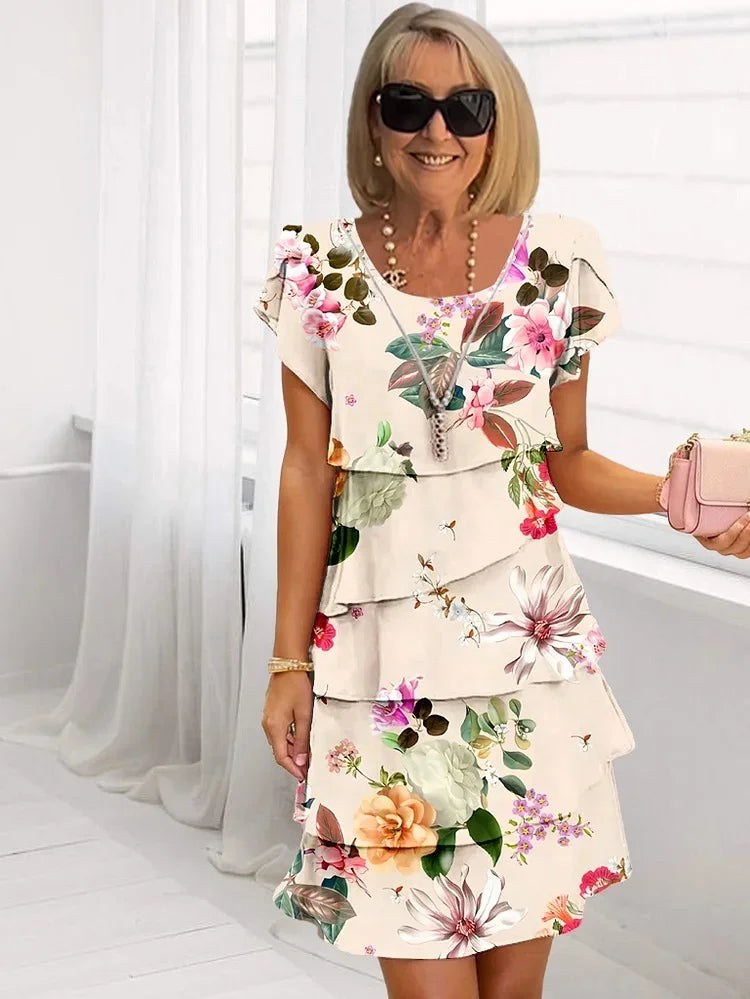 Venetia | Women's Floral Tiered Mini Dress in Beige