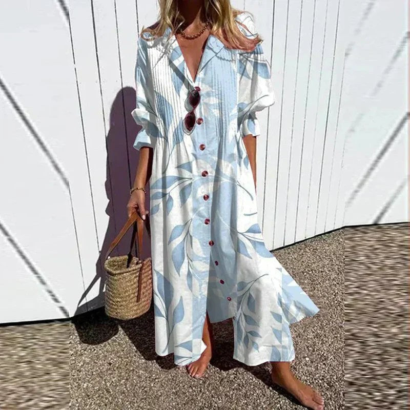 Vera | Women's Floral V-Neck Long Sleeve Maxi Dress in Light Blue