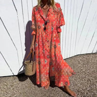 Vera | Women's Floral V-Neck Long Sleeve Maxi Dress in Red
