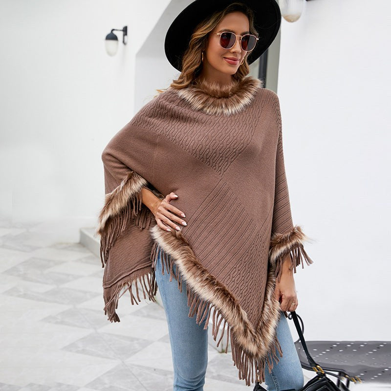 Veronika | Women's Faux Fur Collar Fringe Elegant Poncho