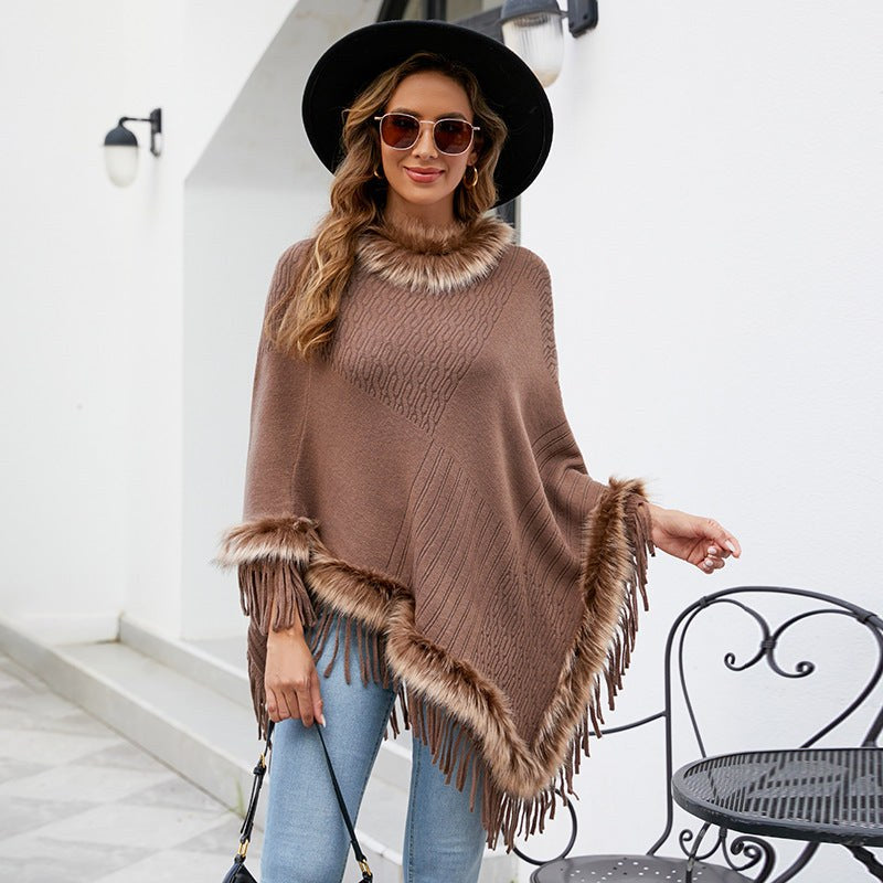 Veronika | Women's Faux Fur Collar Fringe Elegant Poncho