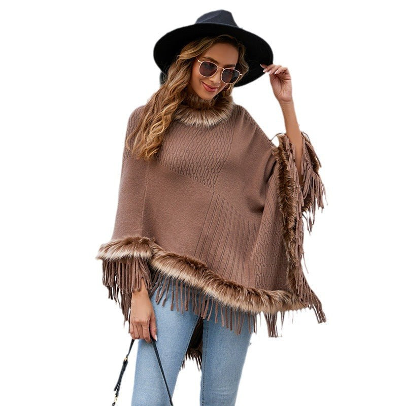 Veronika | Women's Faux Fur Collar Fringe Elegant Poncho