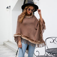 Veronika | Women's Faux Fur Collar Fringe Elegant Poncho