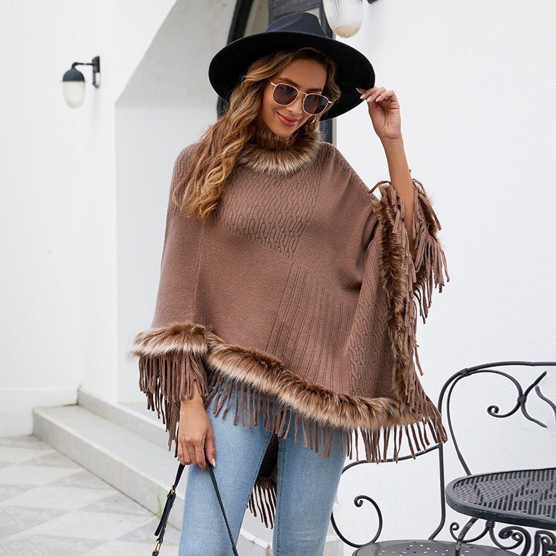Veronika | Women's Faux Fur Collar Fringe Elegant Poncho