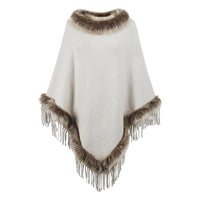 Veronika | Women's Faux Fur Collar Fringe Elegant Poncho in Apricot