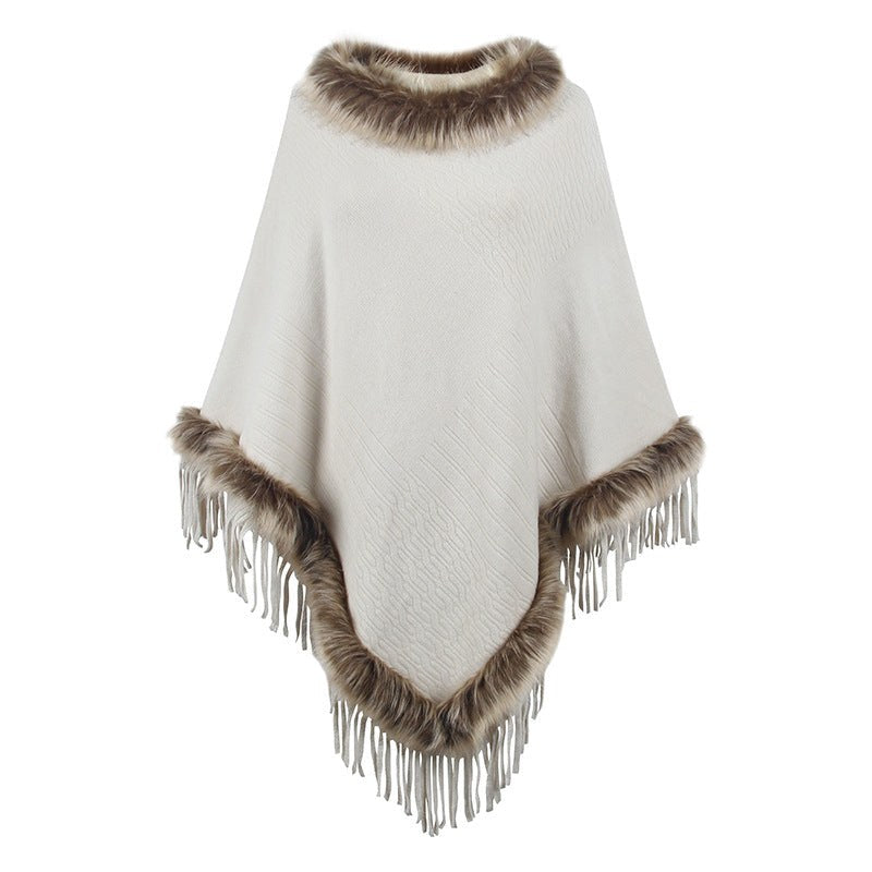 Veronika | Women's Faux Fur Collar Fringe Elegant Poncho in Apricot
