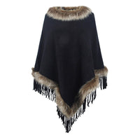 Veronika | Women's Faux Fur Collar Fringe Elegant Poncho in Black