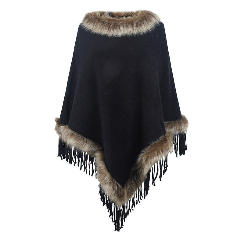Veronika | Women's Faux Fur Collar Fringe Elegant Poncho in Black