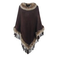 Veronika | Women's Faux Fur Collar Fringe Elegant Poncho in Brown