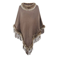 Veronika | Women's Faux Fur Collar Fringe Elegant Poncho in Dark Khaki