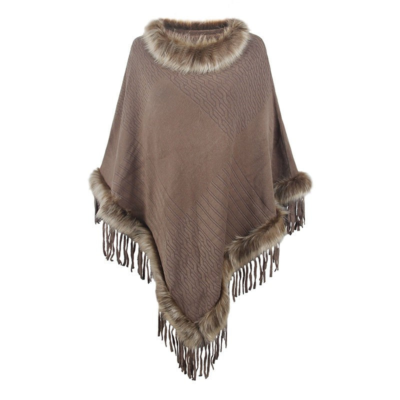 Veronika | Women's Faux Fur Collar Fringe Elegant Poncho in Dark Khaki