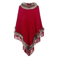 Veronika | Women's Faux Fur Collar Fringe Elegant Poncho in Red