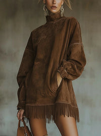 Veronique | Women's Fringe Mini High Neck Dress in Brown