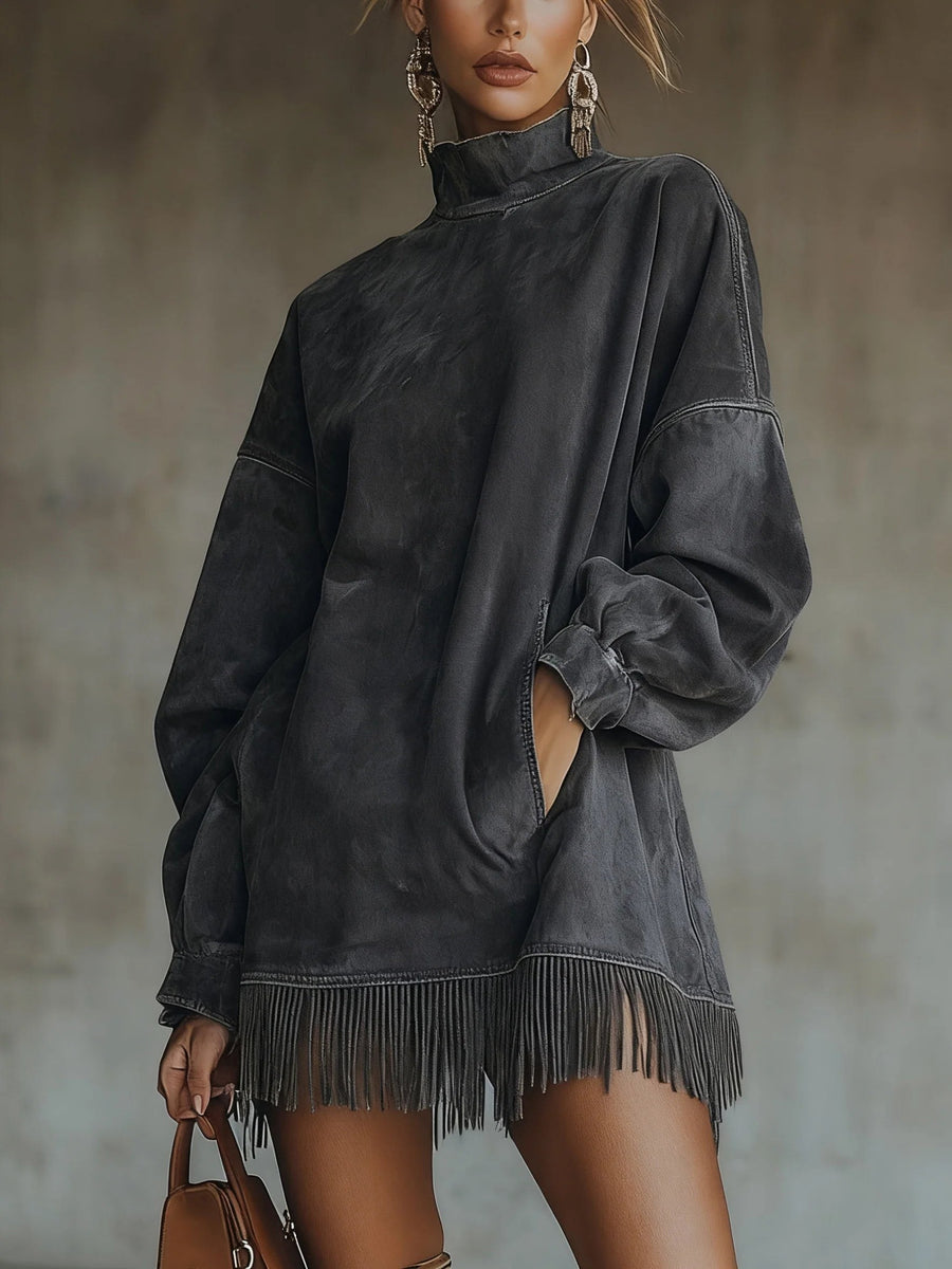 Veronique | Women's Fringe Mini High Neck Dress in Dark Gray