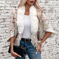 Vesperine | Women's Faux Fur Collar Fringe Elegant Poncho