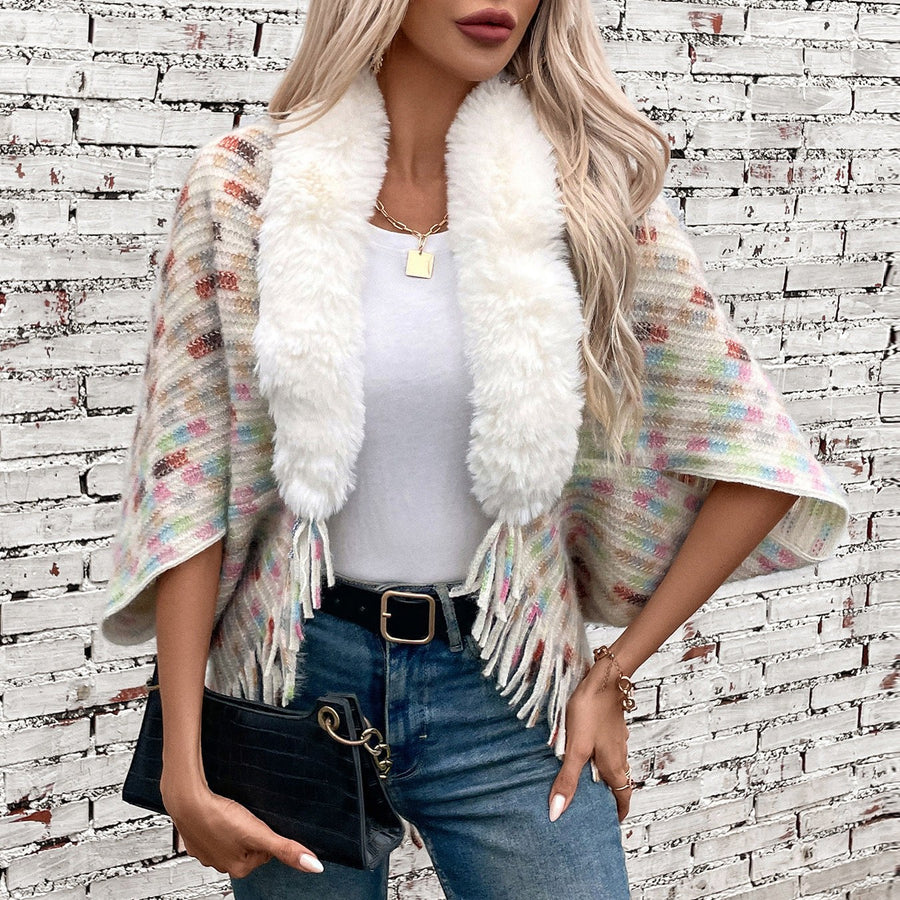 Vesperine | Women's Faux Fur Collar Fringe Elegant Poncho
