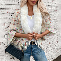Vesperine | Women's Faux Fur Collar Fringe Elegant Poncho
