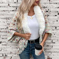 Vesperine | Women's Faux Fur Collar Fringe Elegant Poncho