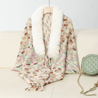 Vesperine | Women's Faux Fur Collar Fringe Elegant Poncho in Apricot