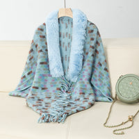 Vesperine | Women's Faux Fur Collar Fringe Elegant Poncho in Blue