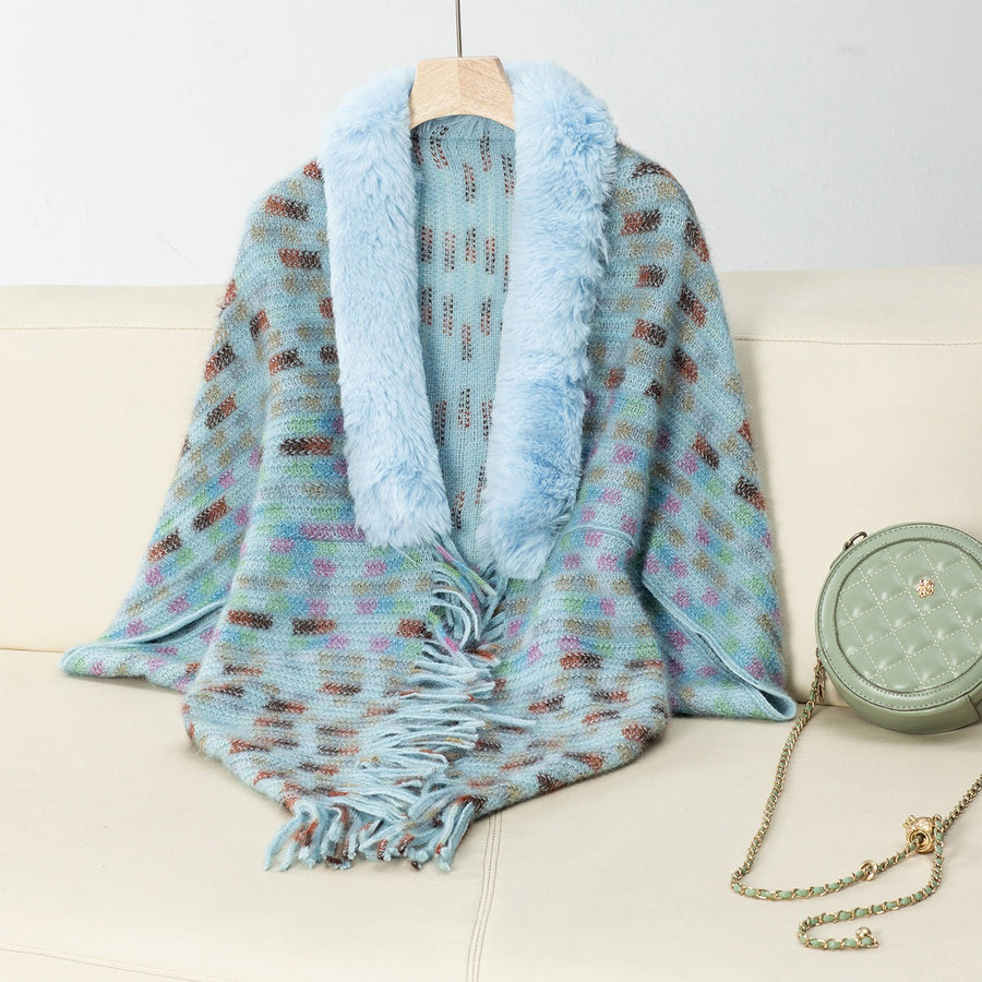 Vesperine | Women's Faux Fur Collar Fringe Elegant Poncho in Blue