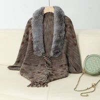 Vesperine | Women's Faux Fur Collar Fringe Elegant Poncho in Brown
