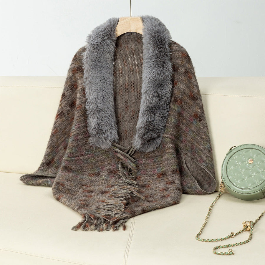Vesperine | Women's Faux Fur Collar Fringe Elegant Poncho in Brown