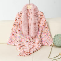 Vesperine | Women's Faux Fur Collar Fringe Elegant Poncho in Pink