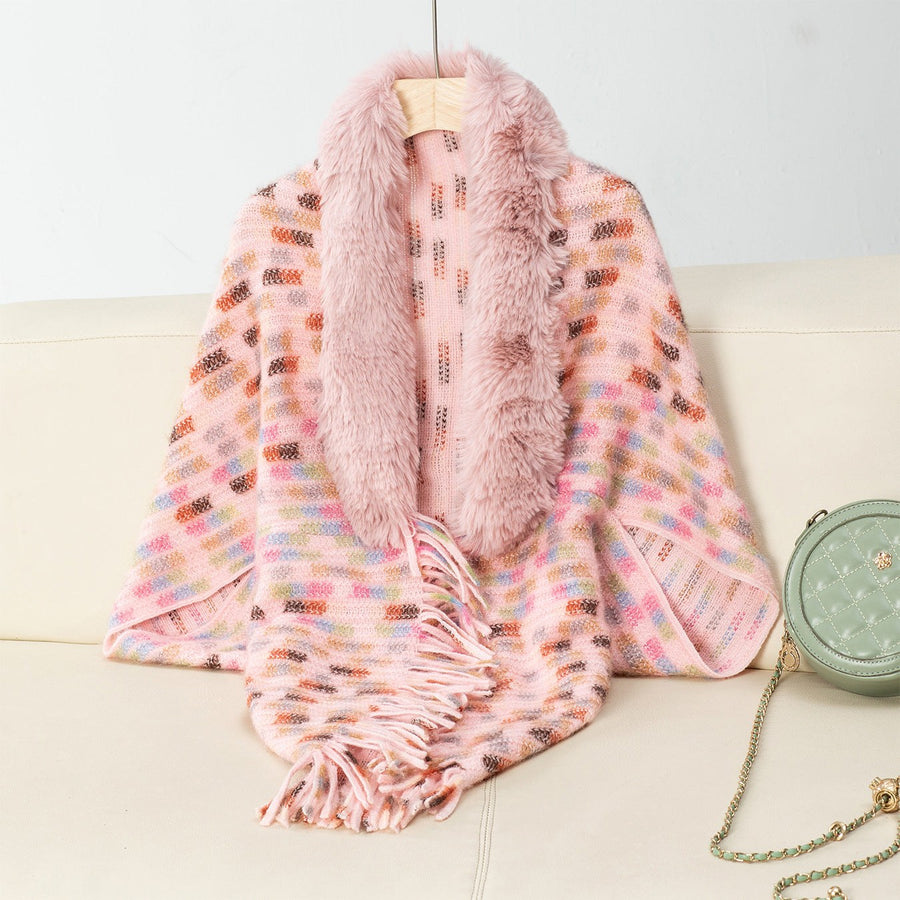 Vesperine | Women's Faux Fur Collar Fringe Elegant Poncho in Pink