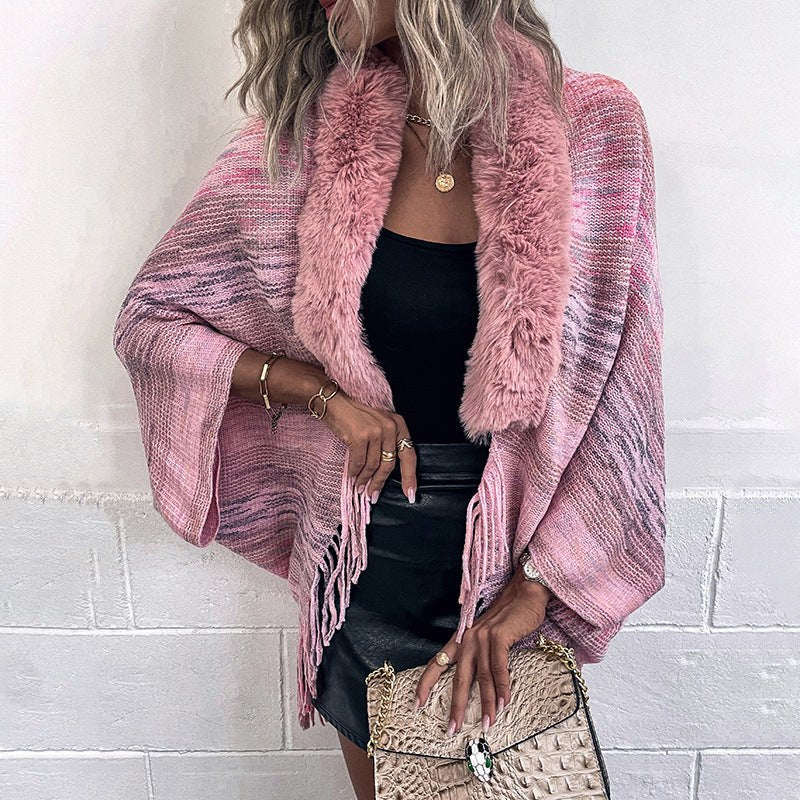 Vevina | Women's Faux Fur Collar Fringe Elegant Poncho