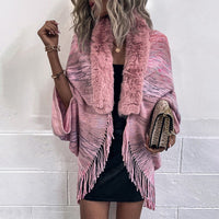 Vevina | Women's Faux Fur Collar Fringe Elegant Poncho