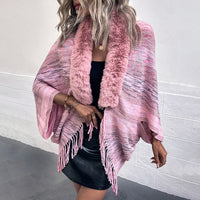 Vevina | Women's Faux Fur Collar Fringe Elegant Poncho
