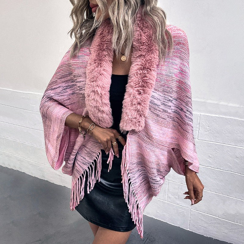 Vevina | Women's Faux Fur Collar Fringe Elegant Poncho