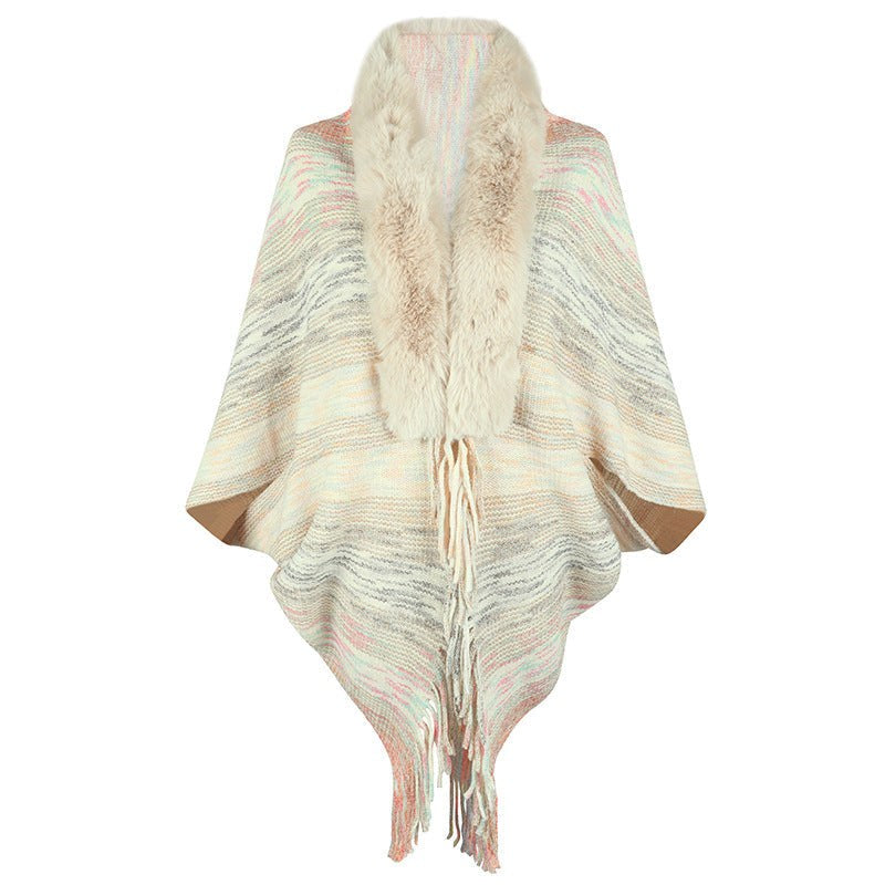 Vevina | Women's Faux Fur Collar Fringe Elegant Poncho in Apricot