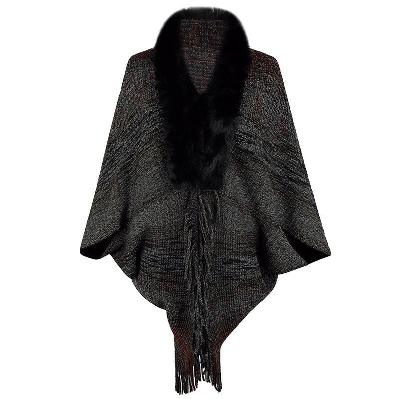 Vevina | Women's Faux Fur Collar Fringe Elegant Poncho in Black