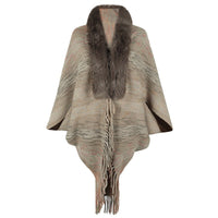 Vevina | Women's Faux Fur Collar Fringe Elegant Poncho in Brown