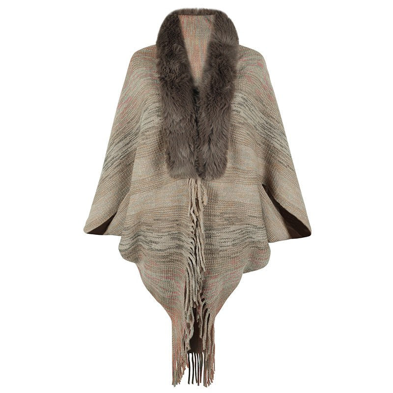 Vevina | Women's Faux Fur Collar Fringe Elegant Poncho in Brown
