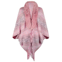 Vevina | Women's Faux Fur Collar Fringe Elegant Poncho in Pink
