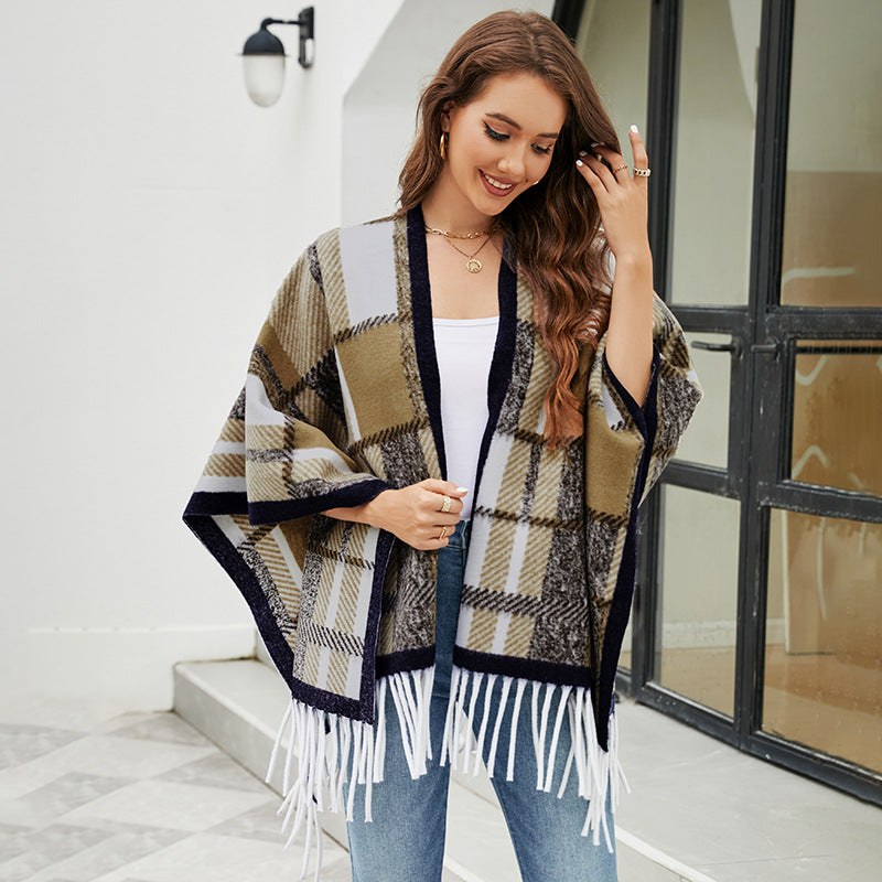 Vianne | Women's Plaid Fringe Elegant Modern Poncho
