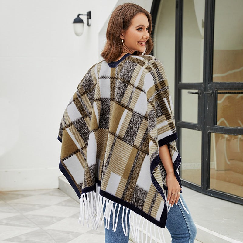 Vianne | Women's Plaid Fringe Elegant Modern Poncho