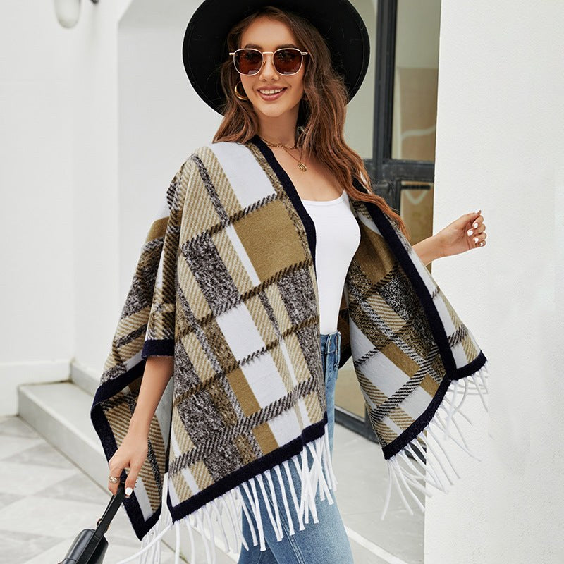 Vianne | Women's Plaid Fringe Elegant Modern Poncho
