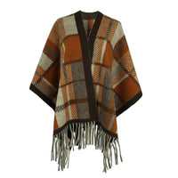 Vianne | Women's Plaid Fringe Elegant Modern Poncho in Beige