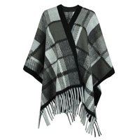 Vianne | Women's Plaid Fringe Elegant Modern Poncho in Gray