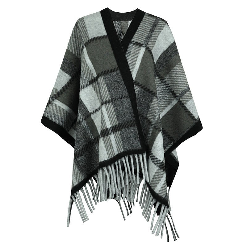 Vianne | Women's Plaid Fringe Elegant Modern Poncho in Gray