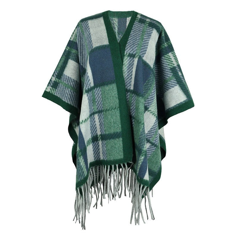 Vianne | Women's Plaid Fringe Elegant Modern Poncho in Green