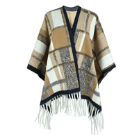 Vianne | Women's Plaid Fringe Elegant Modern Poncho in Khaki